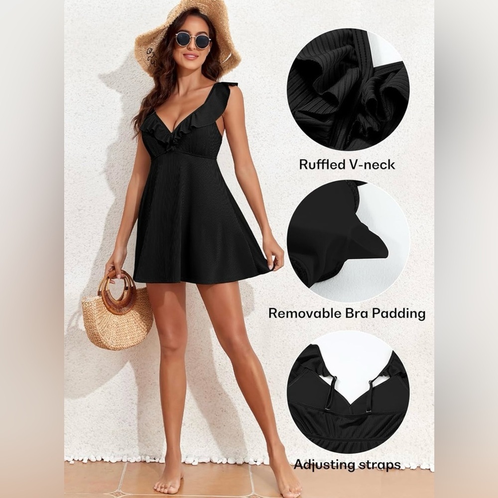 Aleumdr Women's Vintage Solid V Neck One Piece Swimsuits Ribbed Ruffle - Picture 4 of 10